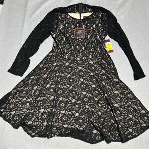 Focus by Shani Lace Dress Size 12 Black Floral Midi‎ Long Sleeve Fit & Flare
